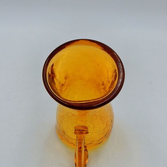 Crackle Glass Mini Pitcher Creamer Hand Blown 6 Inch Amber Applied Handle - Picture 8 of 9